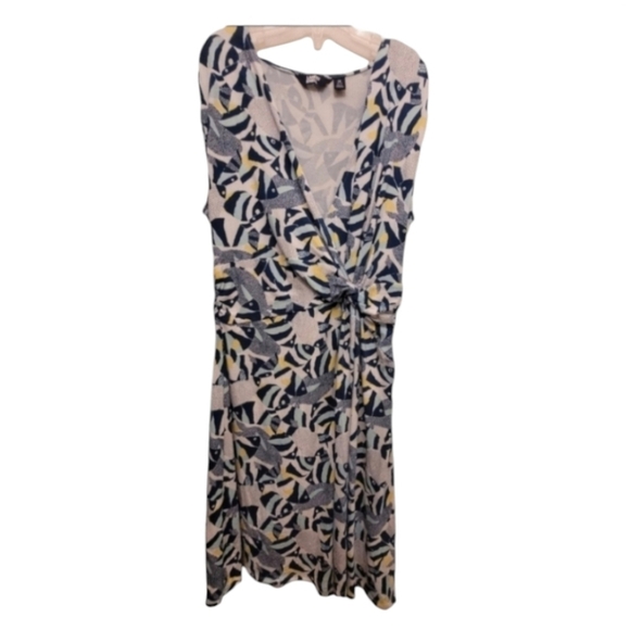 Lands End Yellow Blue Tie Front V-Neck Tropical Fish Dress Size Medium - Picture 1 of 9